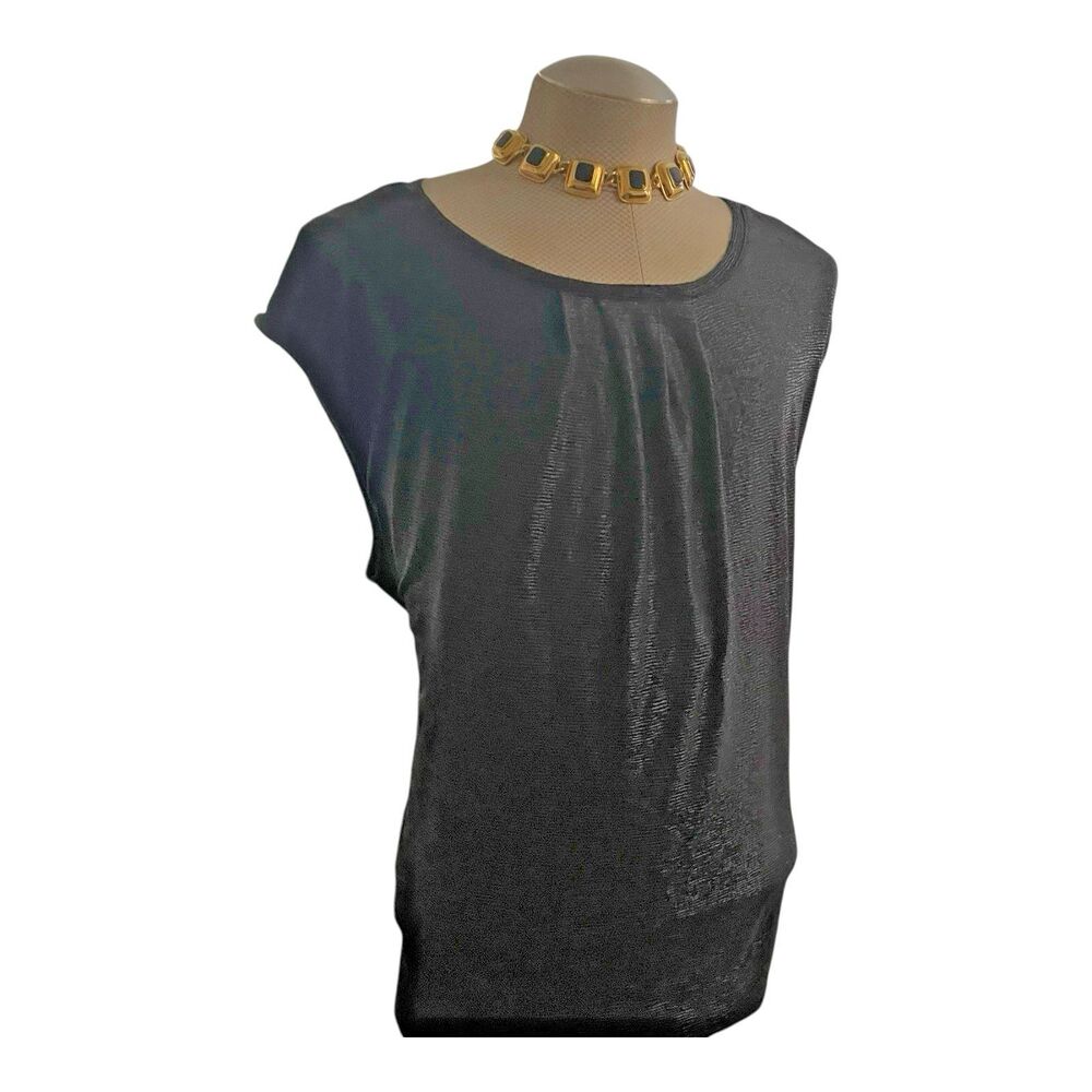 Liz Claiborne Top Womens 1X Black Metallic Stretch Square Neck 3/4 Sleeve Blouse